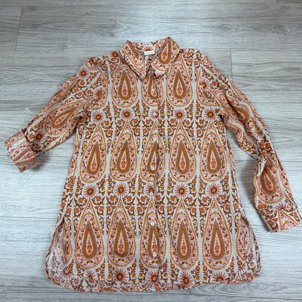 Spartina 449 Linen Paisley Button Down Shirt‎ Orange Pink Long Sleeve Size L